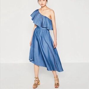NWOT ZARA one shoulder Blue Denim Dress
